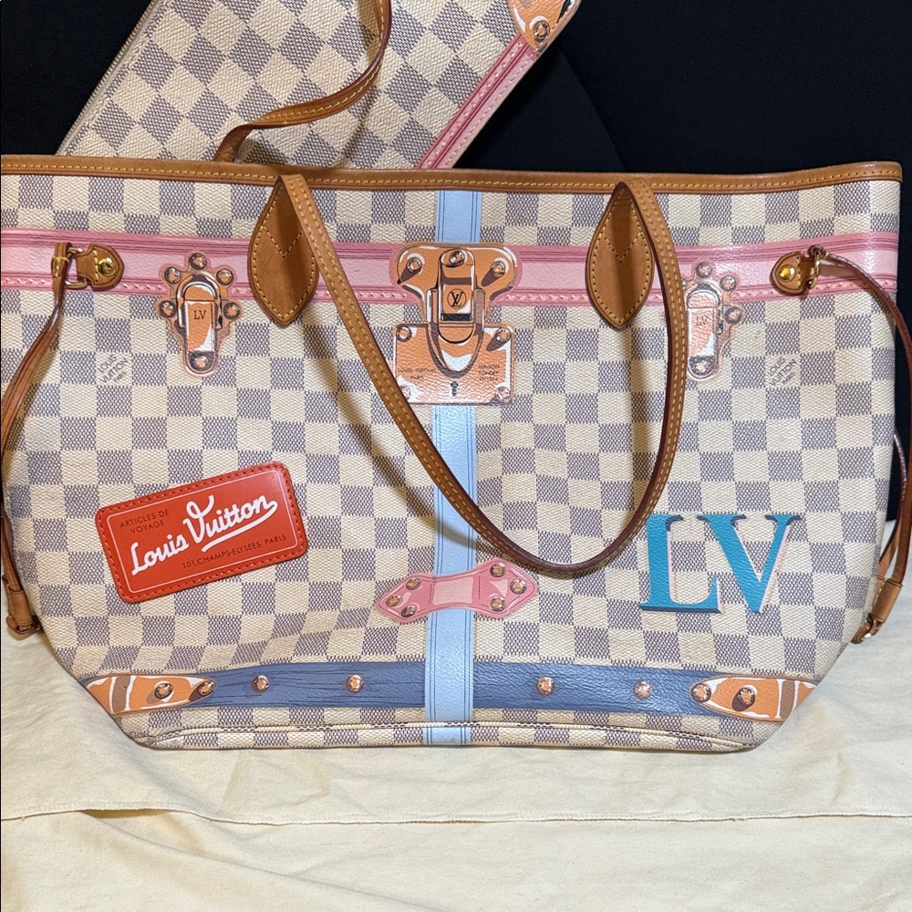 Louis Vuitton Checkered Tote Bag - Brown, Pink, and Blue